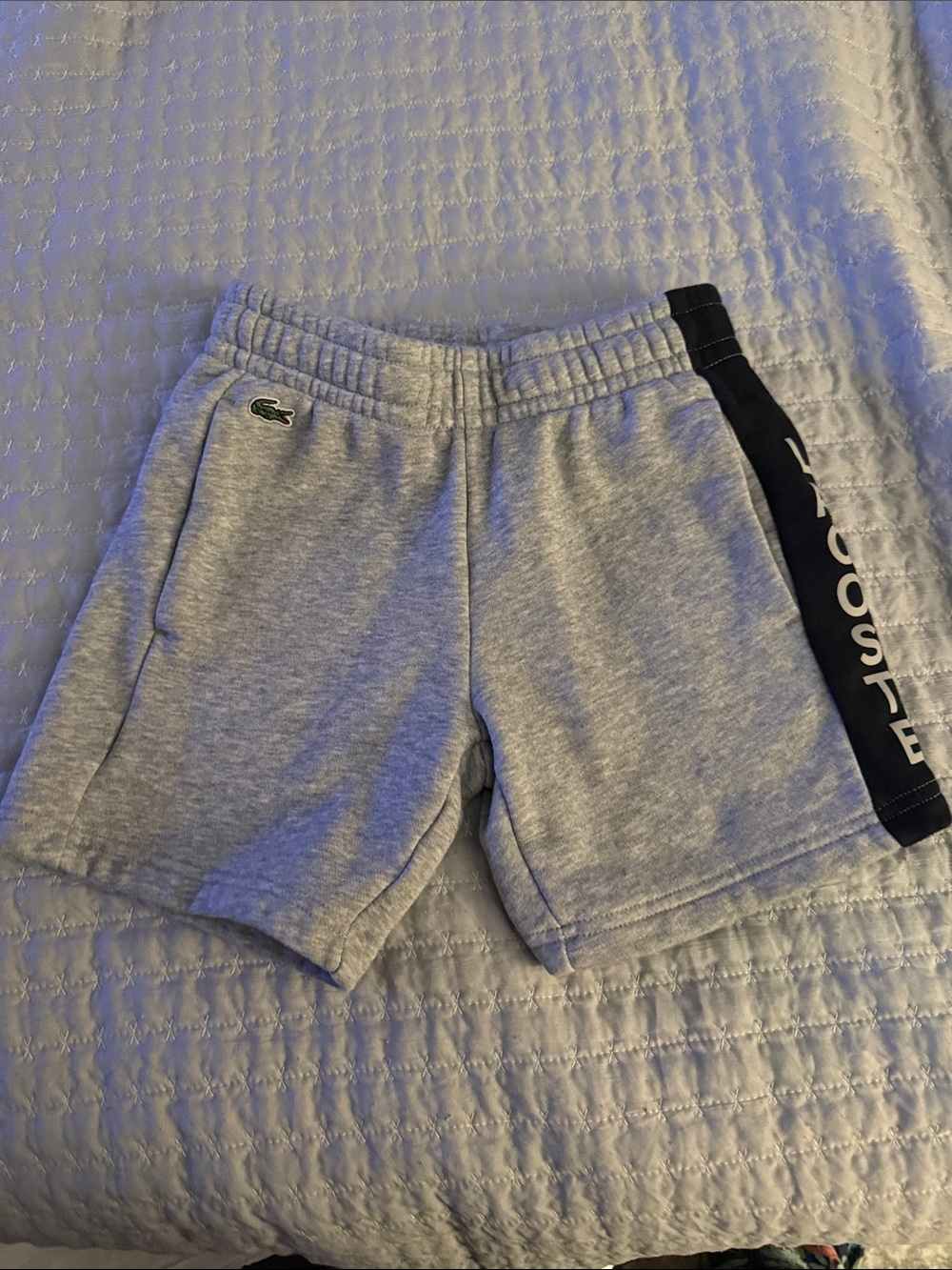 Lacoste Light Gray Logo Sweat Shorts with Black Side Stripe Sz 6